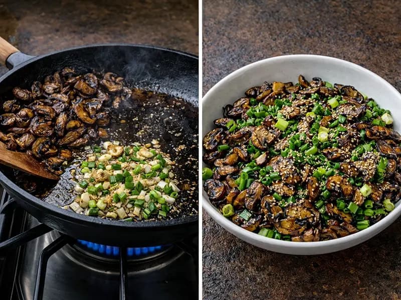 Farce aux champignons avec ail, oignons verts et chilli crisp dans la poêle
