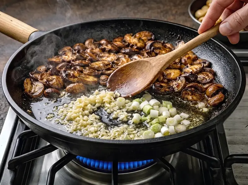 Farce aux champignons avec ail, oignons verts et chilli crisp dans la poêle