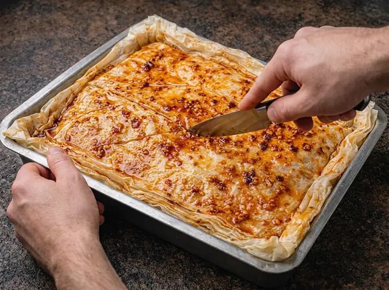 Losanges incisés dans les feuilles de filo du dessus avant cuisson