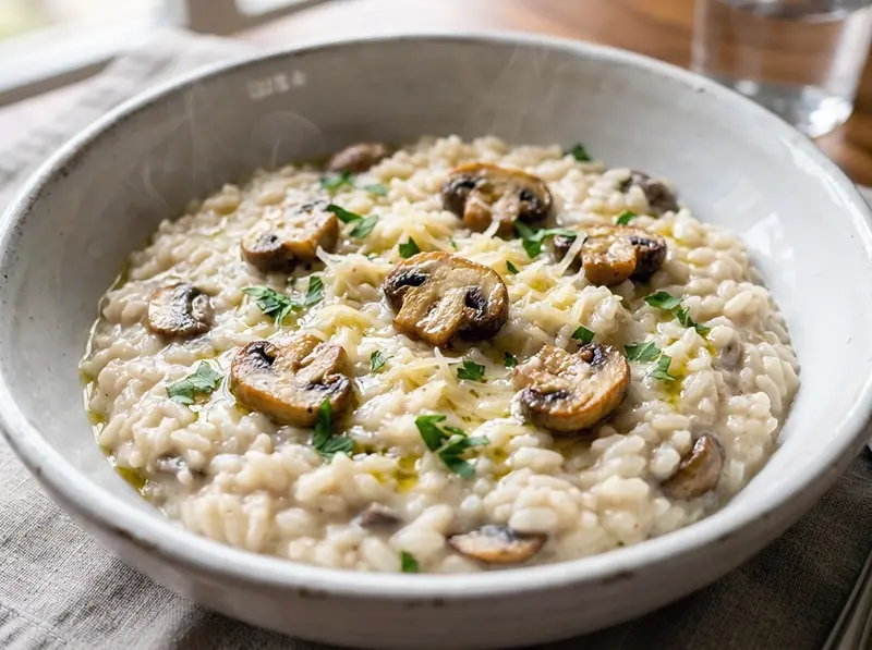 Mushroom Risotto with cremini or mixed mushrooms, Arborio or Carnaroli rice and parmesan — Italy recipe