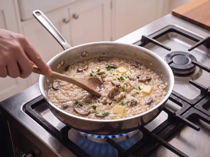 Risotto mantecato fuori dal fuoco: burro freddo e parmigiano fino alla cremosità, con i funghi rosolati