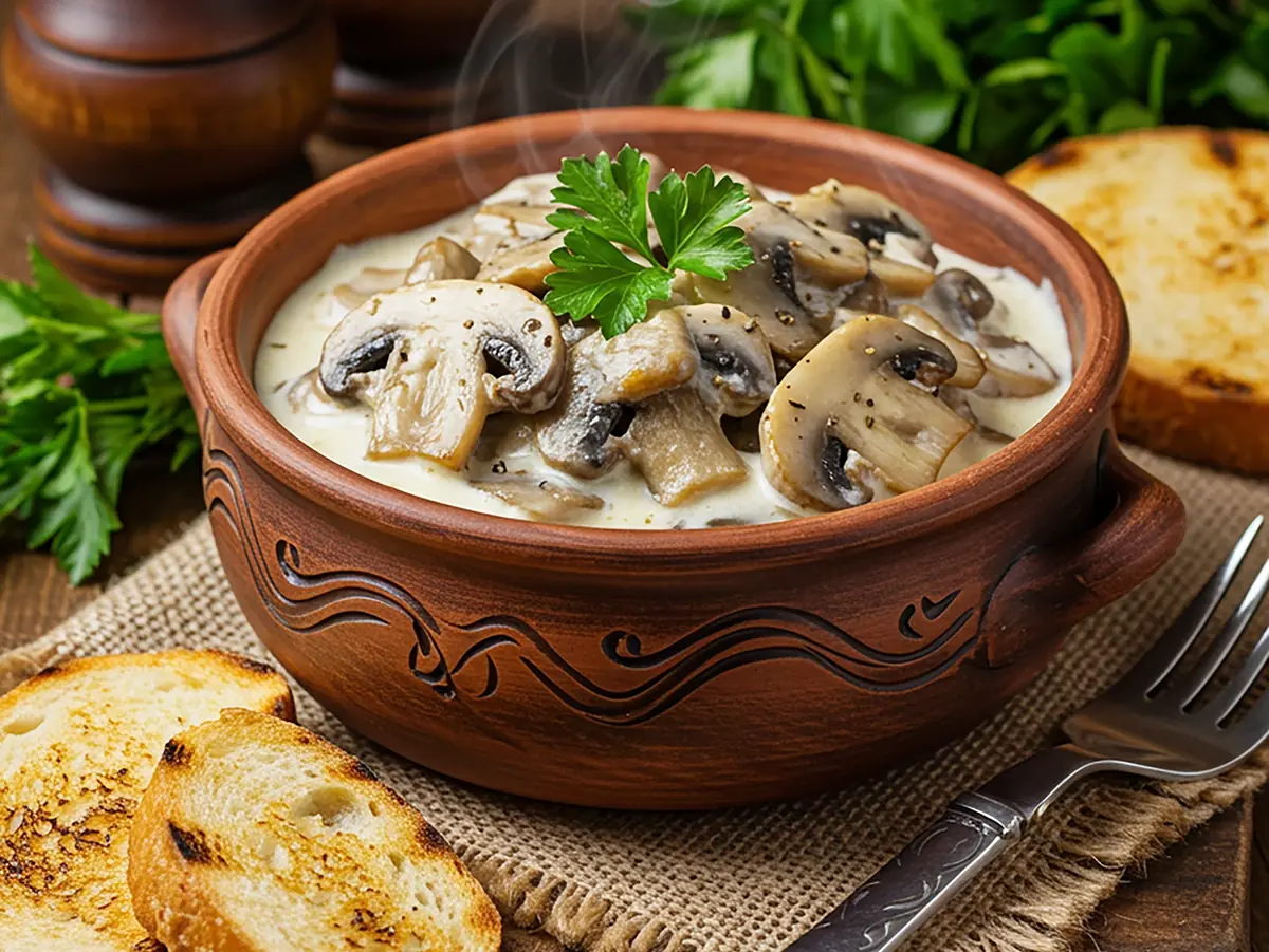Mushrooms in Sour Cream with champignon mushrooms, sour cream and garlic cloves — Russia recipe