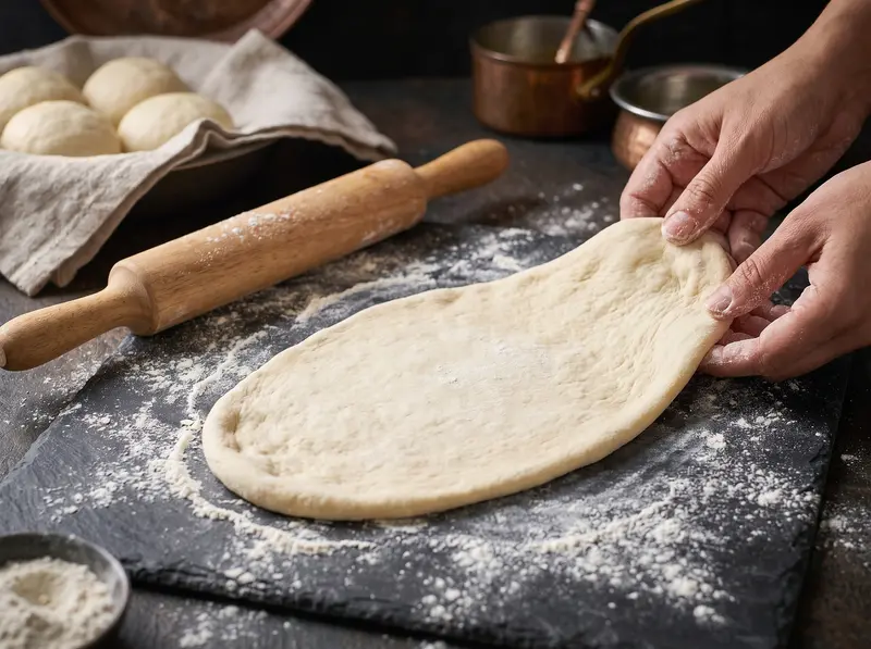Naan: una palla di impasto stesa a goccia sul piano infarinato, le altre riposano sotto un telo