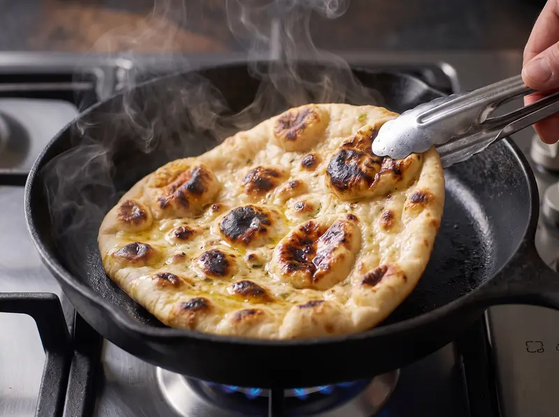 Naan che si gonfia con bolle bruciacchiate nella padella di ghisa asciutta sul gas, pinze sul bordo