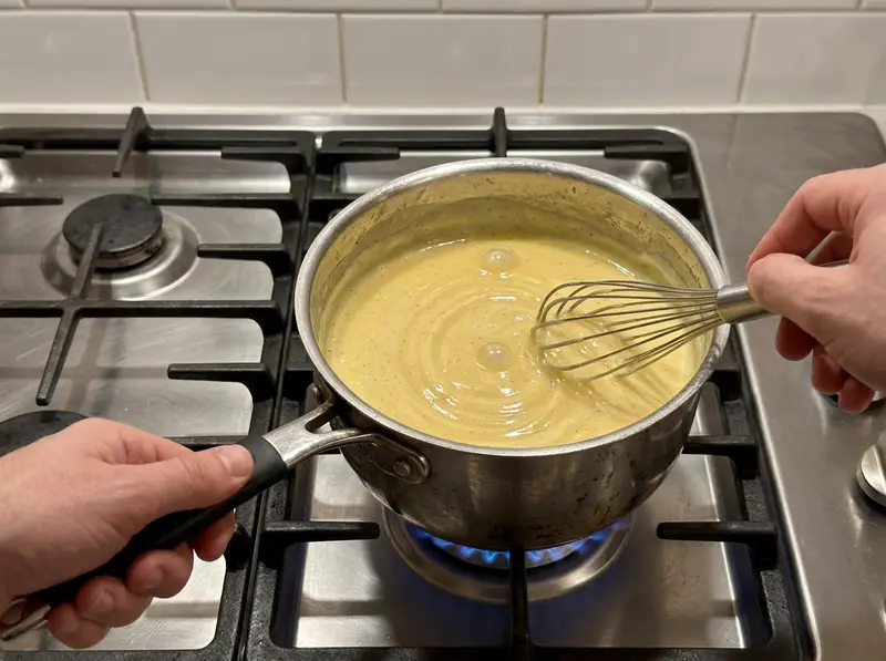 Napoleon pie: crema pasticcera densa e lucida mescolata con la frusta in un pentolino d'acciaio sul fornello a gas