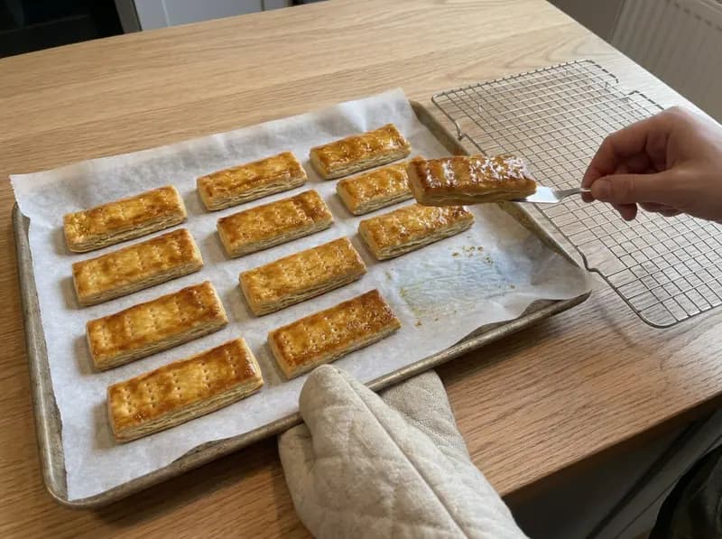 Napoleon pie: strisce di sfoglia cotte con glassa dorata di zucchero sulla teglia, una spatola ne sposta una sulla griglia