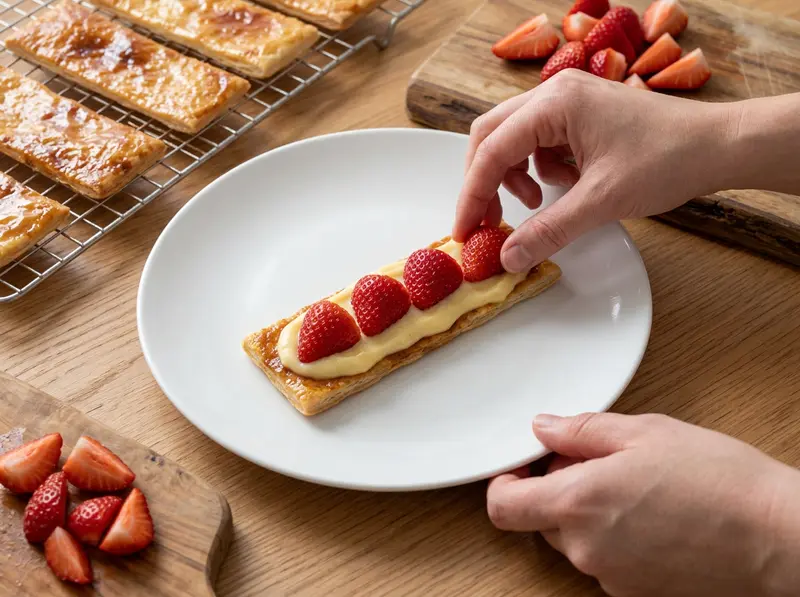 Montaggio del Napoleon pie: una mano dispone quarti di fragola sulla crema stesa su una striscia di sfoglia glassata