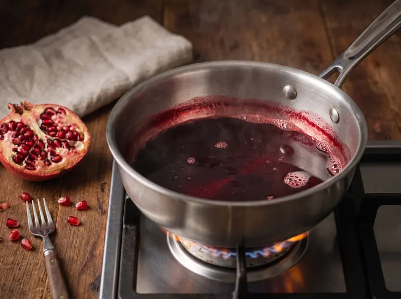 Pomegranate juice reducing in a wide saucepan for narsharab sauce