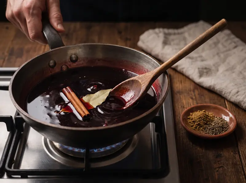 Cinnamon stick and bay leaf added to reducing narsharab syrup