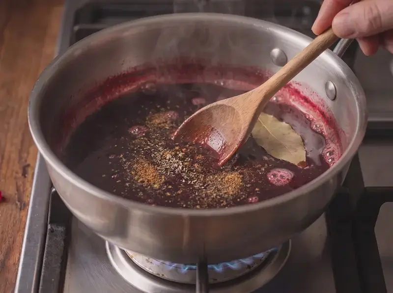 Narsharab: ground spices and a bay leaf stirred into the simmering pomegranate syrup with a wooden spoon