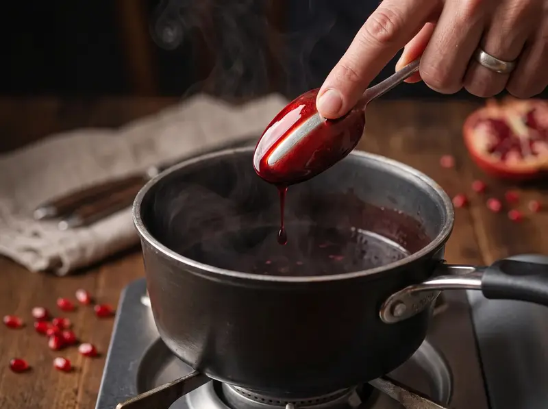 Thick narsharab syrup coating the back of a spoon over the pan