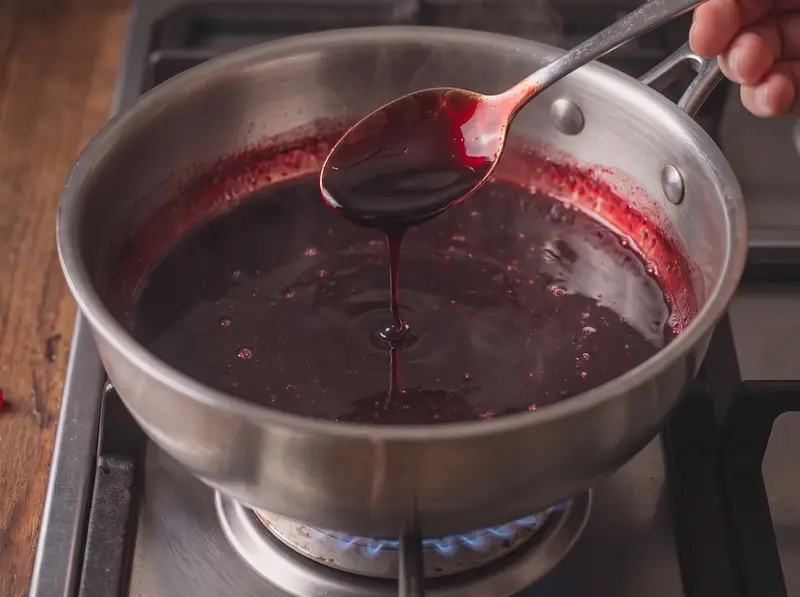 Thick narsharab syrup coating the back of a spoon over the pan