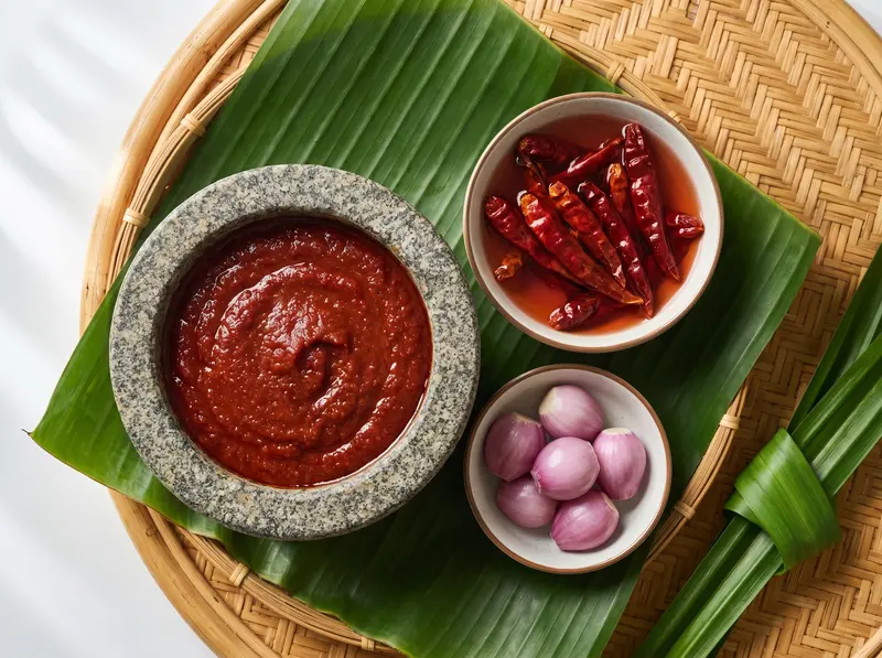 Thick dark-red sambal for nasi lemak just blitzed in the blender jar, soaked chillies and peeled shallots beside it.