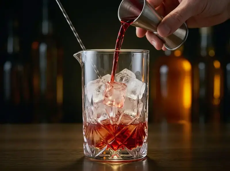 Campari rubino versato dal jigger d'acciaio nel mixing glass con ghiaccio grande per un Negroni, cucchiaino sul bordo