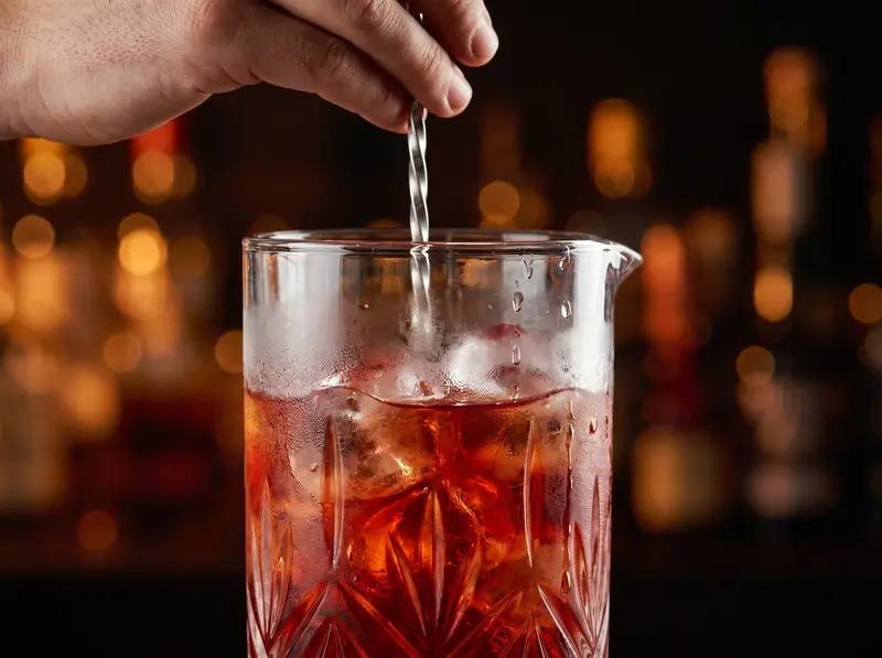 Una mano mescola con il cucchiaino a spirale il Negroni rosso intenso nel mixing glass appannato dal freddo