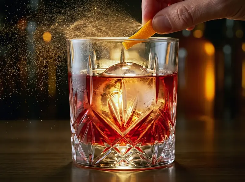 Le dita spremono la scorza d'arancia sul bicchiere di Negroni con ghiaccio, sprigionando una nuvola di oli agrumati