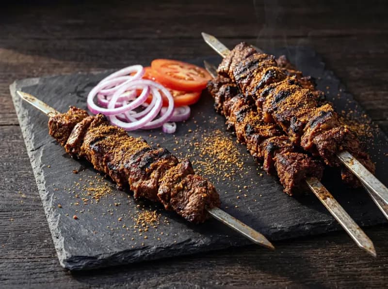 Nigerian Beef Suya with beef sirloin, roasted peanuts and cayenne pepper — Nigeria recipe