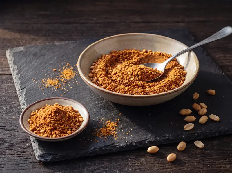 Mélange yaji couleur rouille pour le suya : cacahuètes grillées concassées, paprika et cayenne, remués à la cuillère.