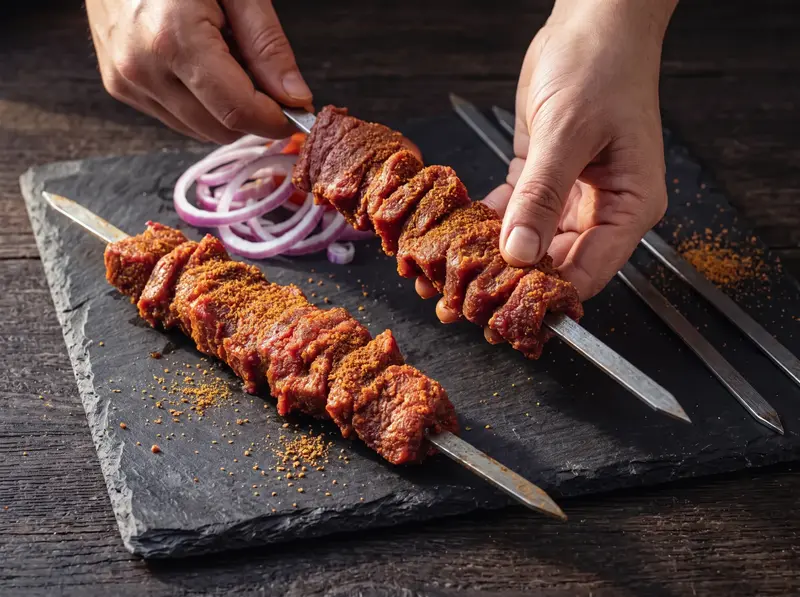 Lanières de bœuf enrobées d'épices enfilées en zigzag sur des brochettes plates, deux suya crus posés à côté.