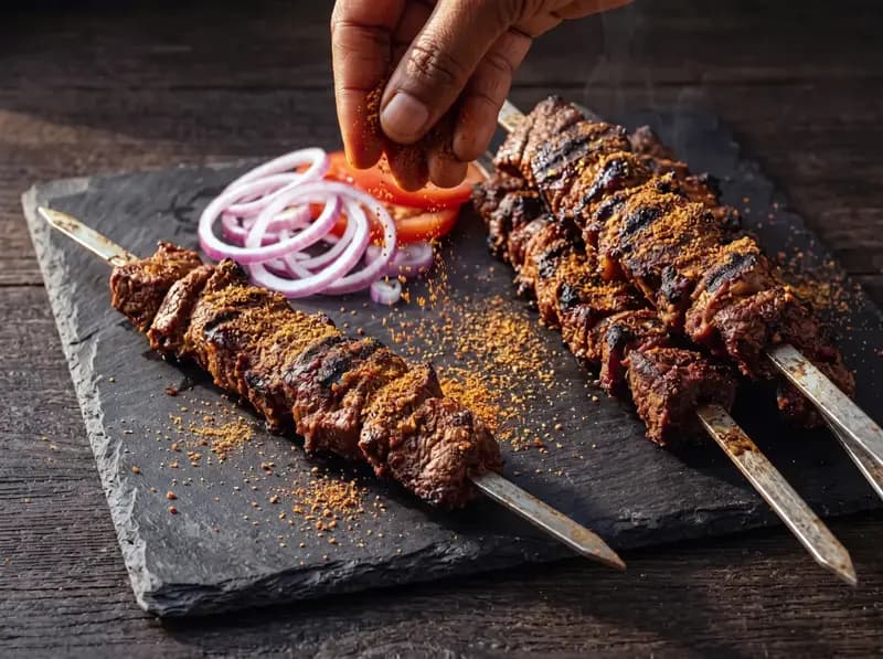Deux brochettes de suya sorties du gril, bords carbonisés, yaji saupoudré dessus, oignon et tomate à côté.