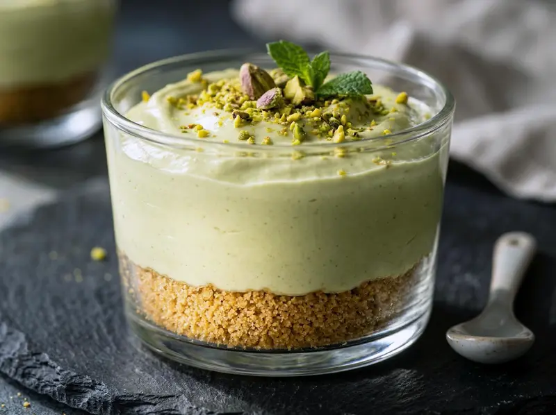No-Bake Pistachio Cheesecake Cups with cream cheese, pistachio cream and biscuits — USA recipe