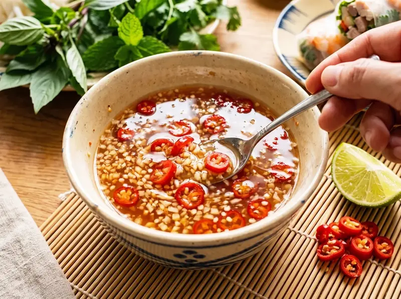 Aglio e peperoncino mescolati nel nuoc cham per bilanciare i sapori