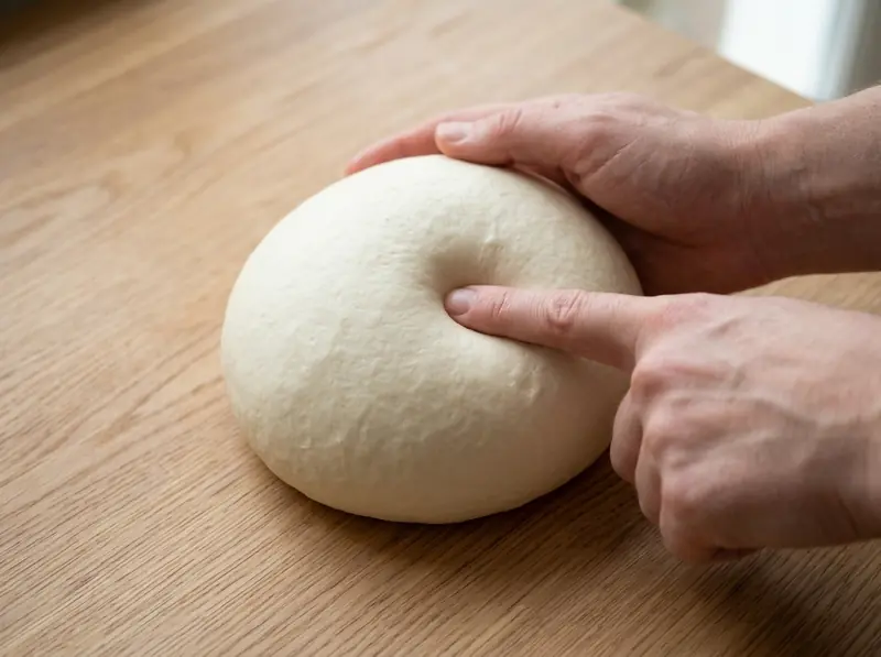 Finger pressed into a smooth stiff ball of bagel dough on a bare oak table to test the kneading