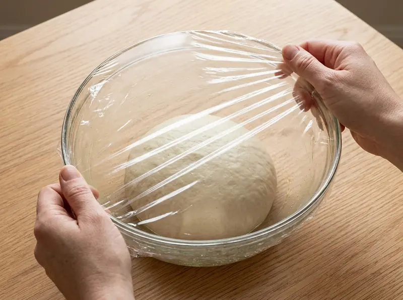 Ball of bagel dough in an oiled glass bowl being covered with cling film by two hands