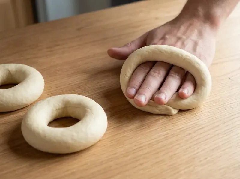 Bagel dough looped around the fingers, the palm rolling the overlap on a bare oak table to seal; shaped bagels beside