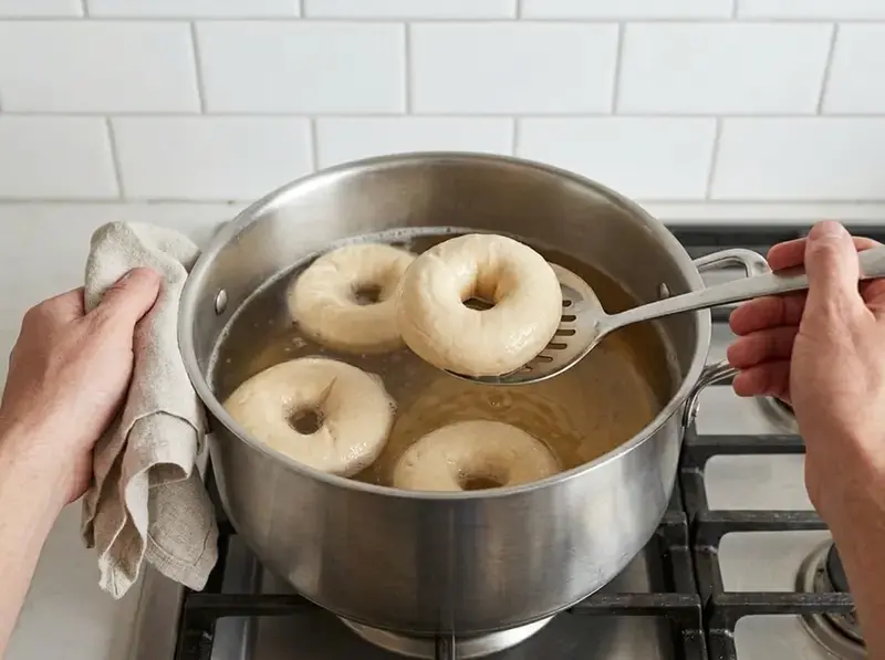 Bagels boiling in light amber malt-syrup water in a wide steel pot, one lifted out on a slotted spoon