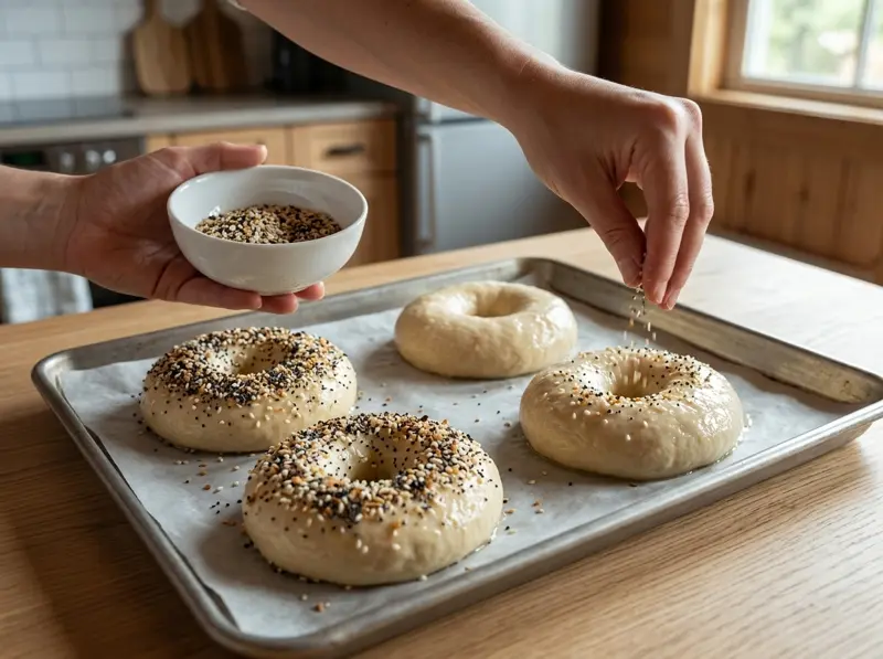 Four boiled bagels still damp on a parchment-lined tray, a hand showering one with sesame, poppy, garlic and onion