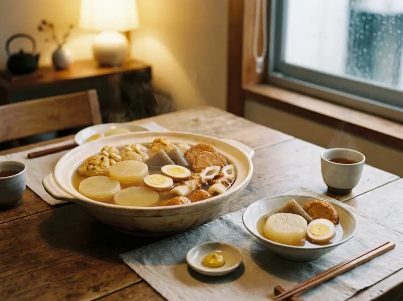 Oden (stufato giapponese di daikon e polpette di pesce): daikon, uova, chikuwa — Giappone · ricetta