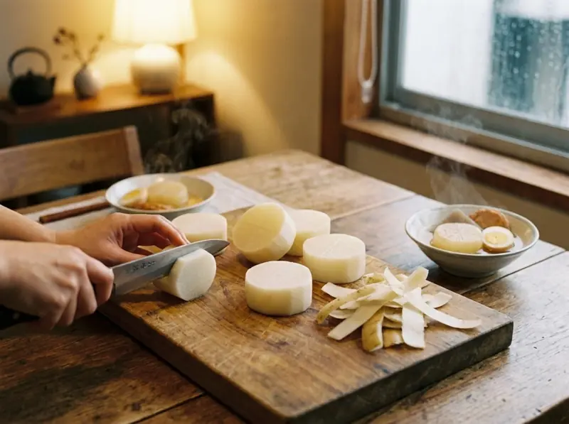 Cutting peeled daikon into thick rounds and bevelling the edges for oden