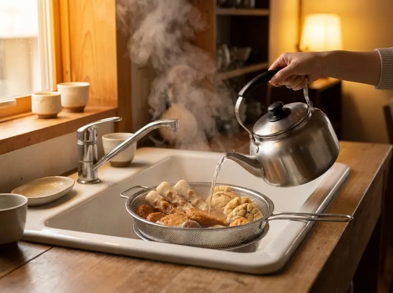 Pouring boiling water from a kettle over chikuwa and fish cakes in a colander to rinse off the oil for oden