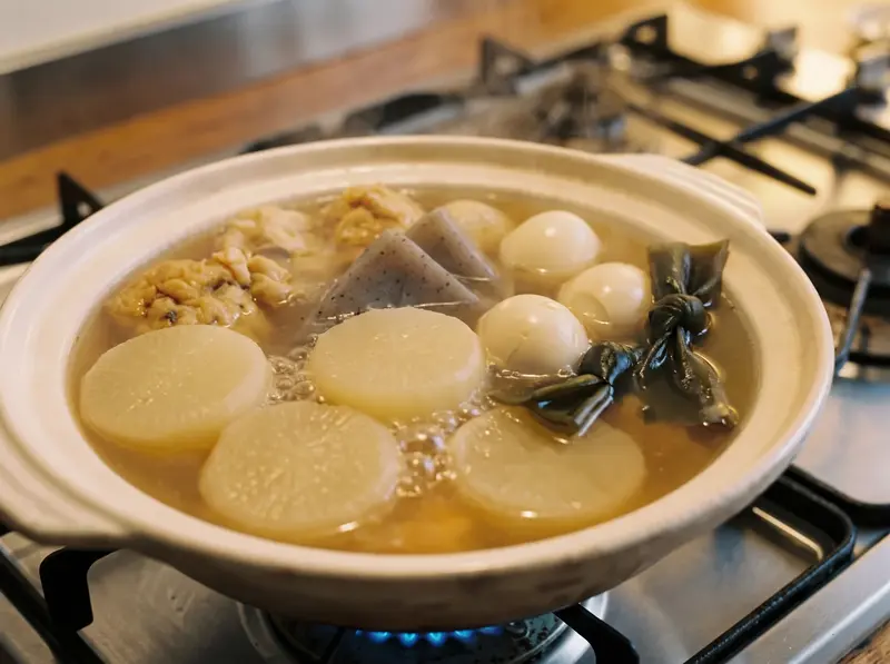 Daikon, eggs, konnyaku and kombu barely simmering in golden dashi in a donabe on the stove for oden