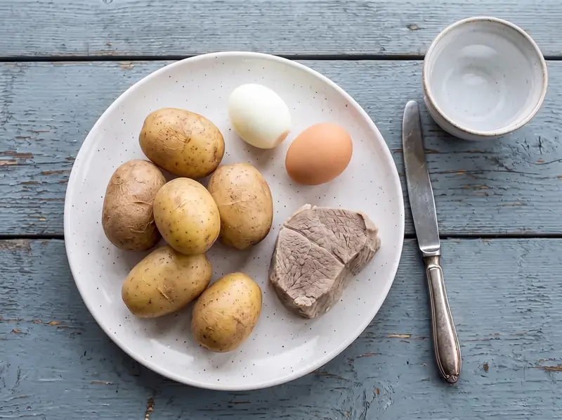 Boiled potatoes, hard-boiled eggs and a piece of boiled beef cooled on a plate for okroshka