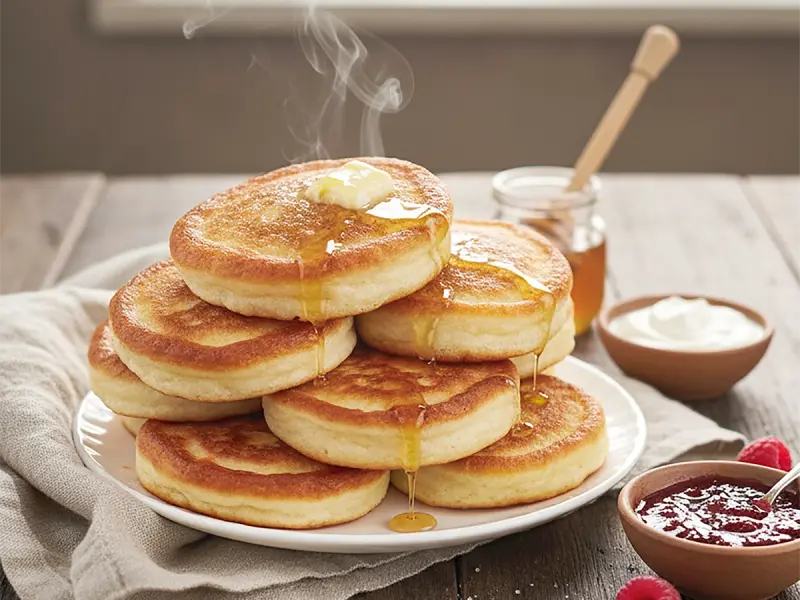 Oladyi (Russian Fluffy Yeast Pancakes) with wheat flour, milk and dry yeast — Russia recipe