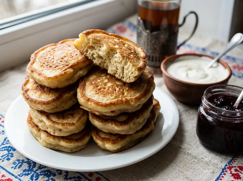 Oladyi (frittelle russe soffici): farina di grano, latte, lievito secco — Russia · ricetta