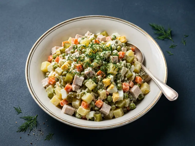 Ensalada Olivier: patata, huevo, pollo — Rusia · receta