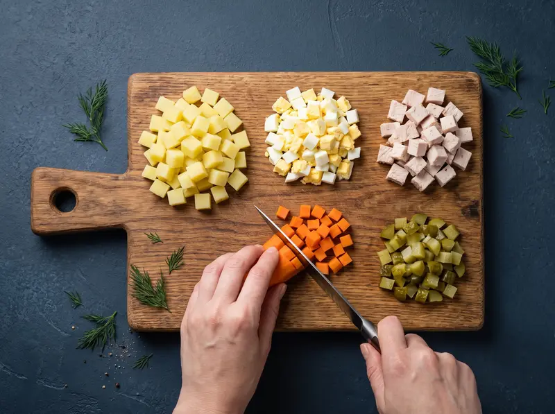 Olivier salad prep: boiled potato, carrot, egg, chicken and pickles all cut into the same small dice on a board