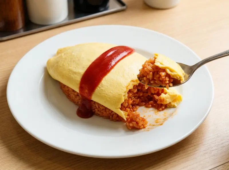 Omurice (Japanese Omelette Rice) with rice, eggs and chicken — Japan recipe