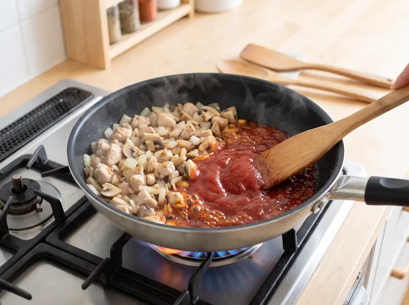Ketchup for omurice frying alone in the empty half of the pan and darkening, chicken and onion pushed aside