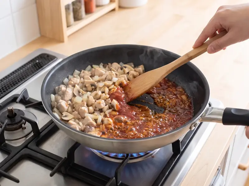 オムライスのケチャップをフライパンの空いた側で単独に焼いて色を濃くし、鶏肉と玉ねぎは端に寄せる