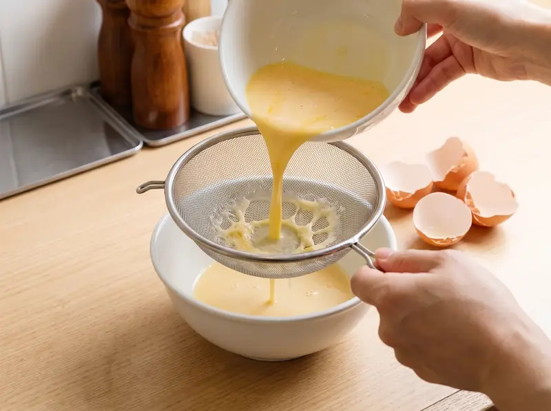 Beaten egg and milk for omurice poured through a fine sieve into a bowl, the stringy white left behind