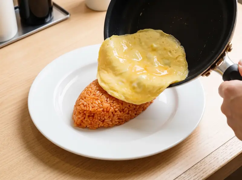 The soft omelette for omurice sliding from the tilted pan onto the oval mound of ketchup rice