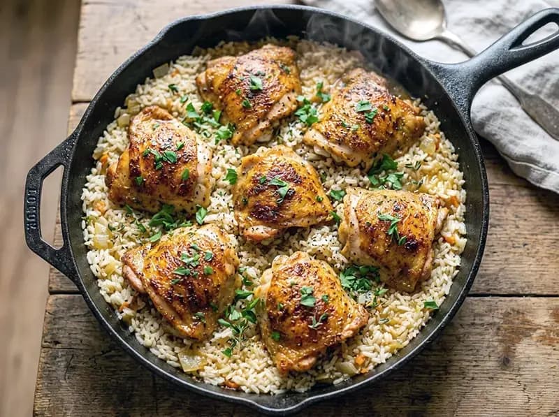 One-Pot Chicken and Rice with chicken thighs, rice and chicken broth — USA recipe