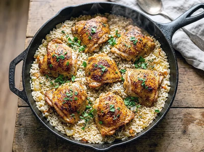 One-Pot Chicken and Rice with chicken thighs, rice and chicken broth — USA recipe