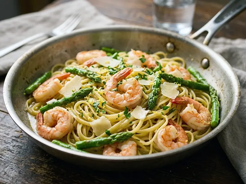 One-Pot Lemon Asparagus Pasta with Shrimp with large shrimp, asparagus and linguine — Mediterranean recipe
