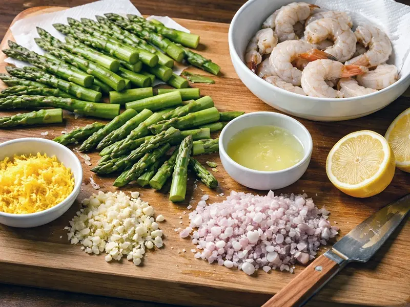 Pasta al limone con asparagi e gamberi in un'unica padella — step 1