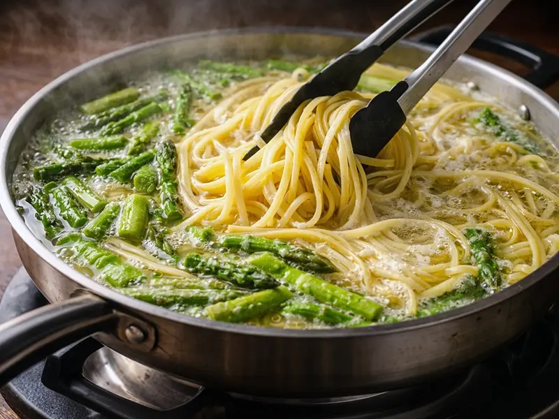 Pasta al limone con asparagi e gamberi in un'unica padella — step 4